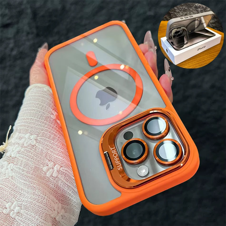 Luxury Magnetic Shockproof Phone Case for Iphone 15 16 14 13 12 11 Pro Max for Magsafe Funda Stand Glass Lens Protector Cover