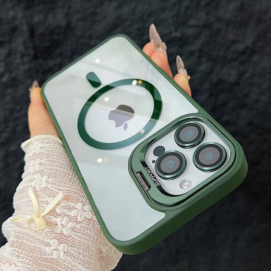 Luxury Magnetic Shockproof Phone Case for Iphone 15 16 14 13 12 11 Pro Max for Magsafe Funda Stand Glass Lens Protector Cover
