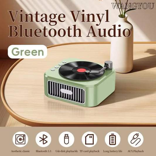 2024 New Retro Vinyl Wireless Bluetooth Speaker Alarm Clock Small Record Player Portable High-Quality Audio Home Smart Stereo